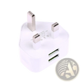 White plastic uk 3-pin dual usb wall charger adapter with two usb ports and metallic prongs for power charging
