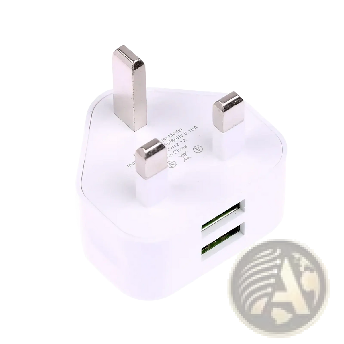 White plastic uk 3-pin dual usb wall charger adapter with two usb ports and metallic prongs for power charging