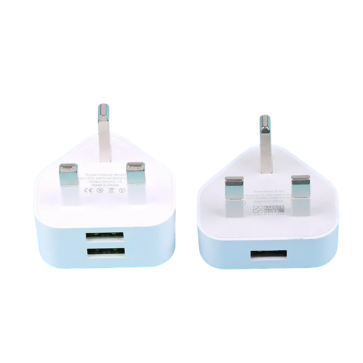 White plastic uk 3-pin dual usb wall charger adapter with two usb ports and metallic prongs for charging devices