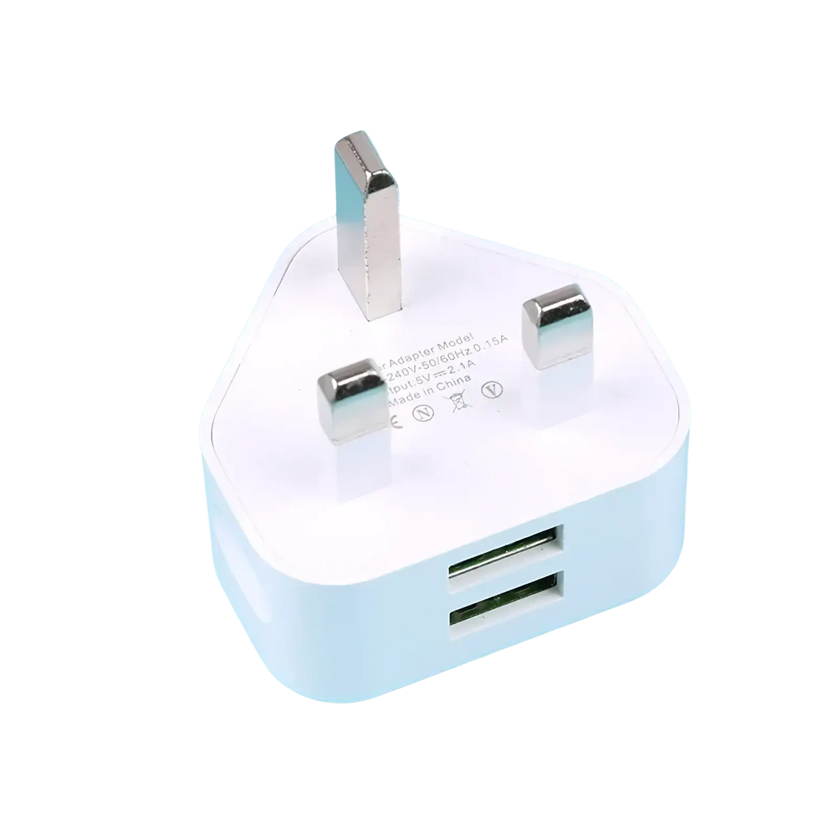 White plastic uk 3-pin dual usb wall charger adapter with metallic prongs for charging multiple devices