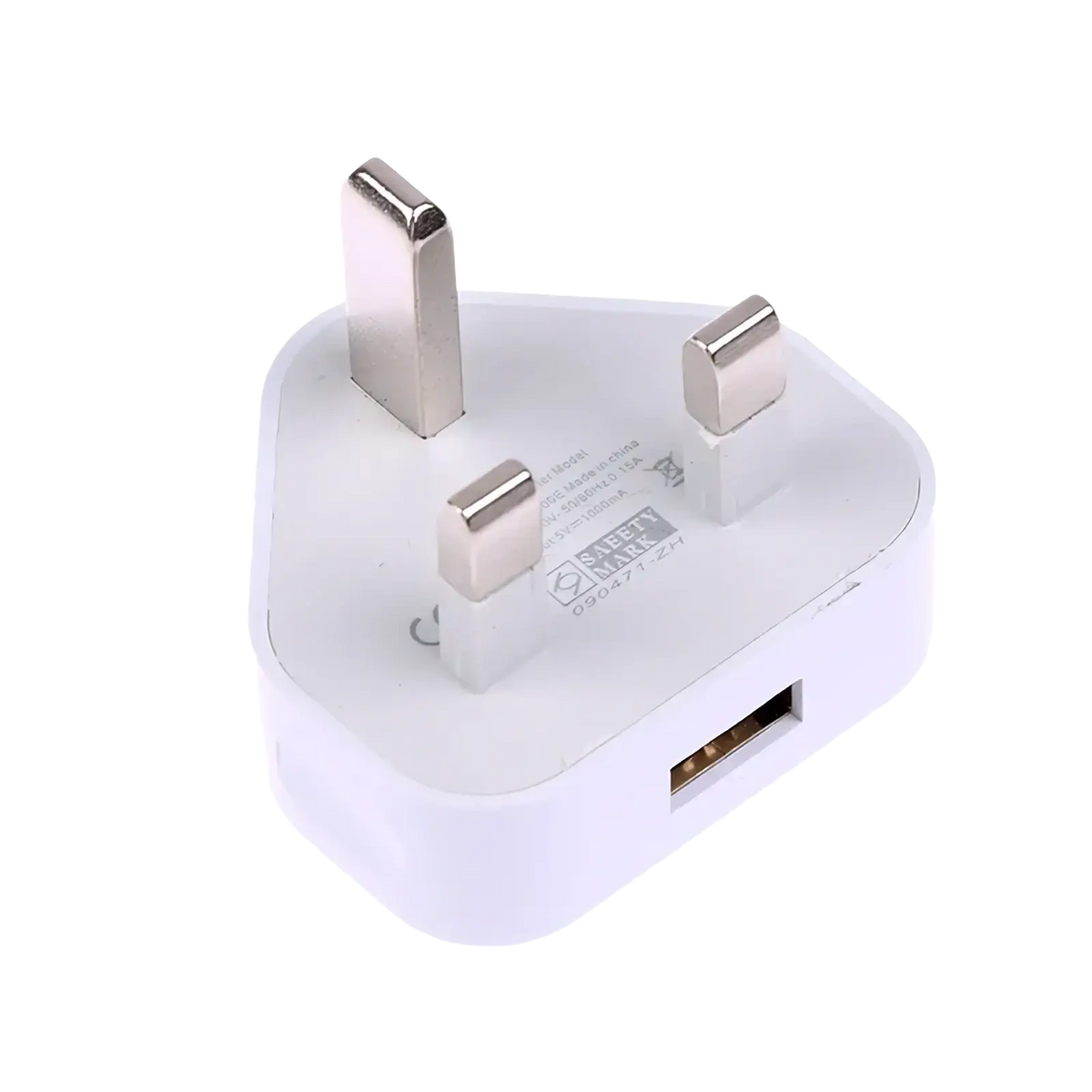 White plastic uk 3-pin dual usb wall charger adapter with three metallic prongs and usb port visible from the back side