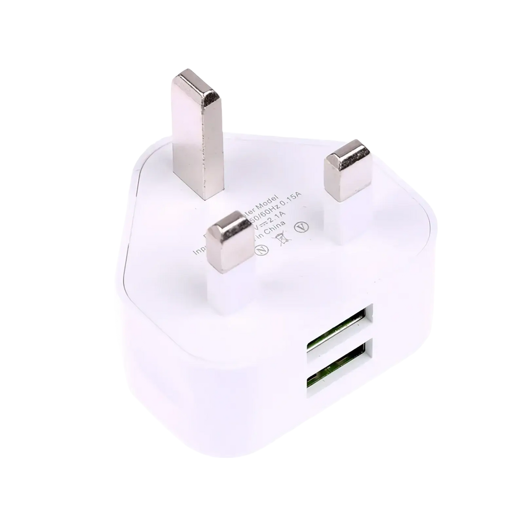 White plastic uk 3-pin dual usb wall charger adapter with two usb ports and metallic prongs for power charging