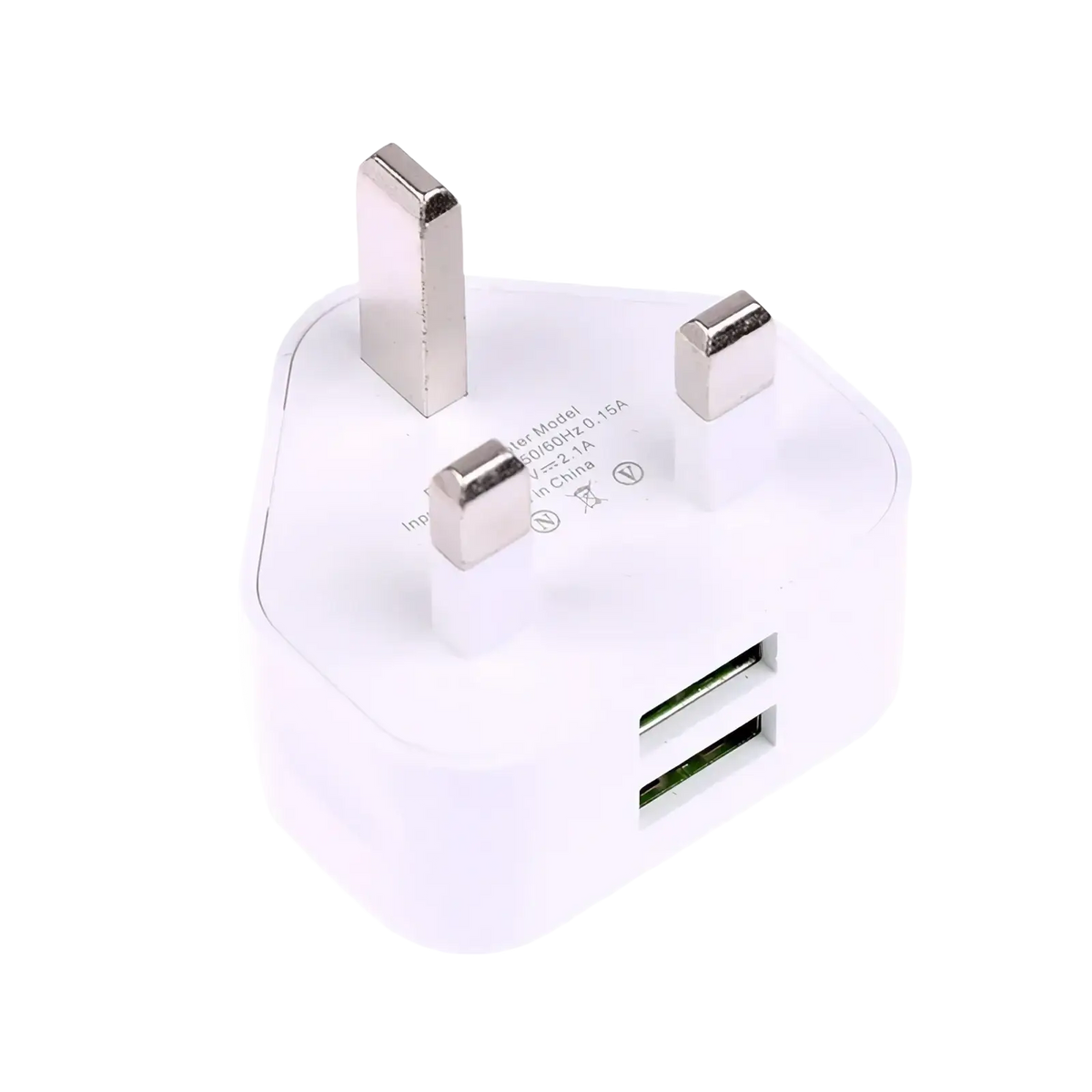 White plastic uk 3-pin dual usb wall charger adapter with two usb ports and metallic prongs for power charging