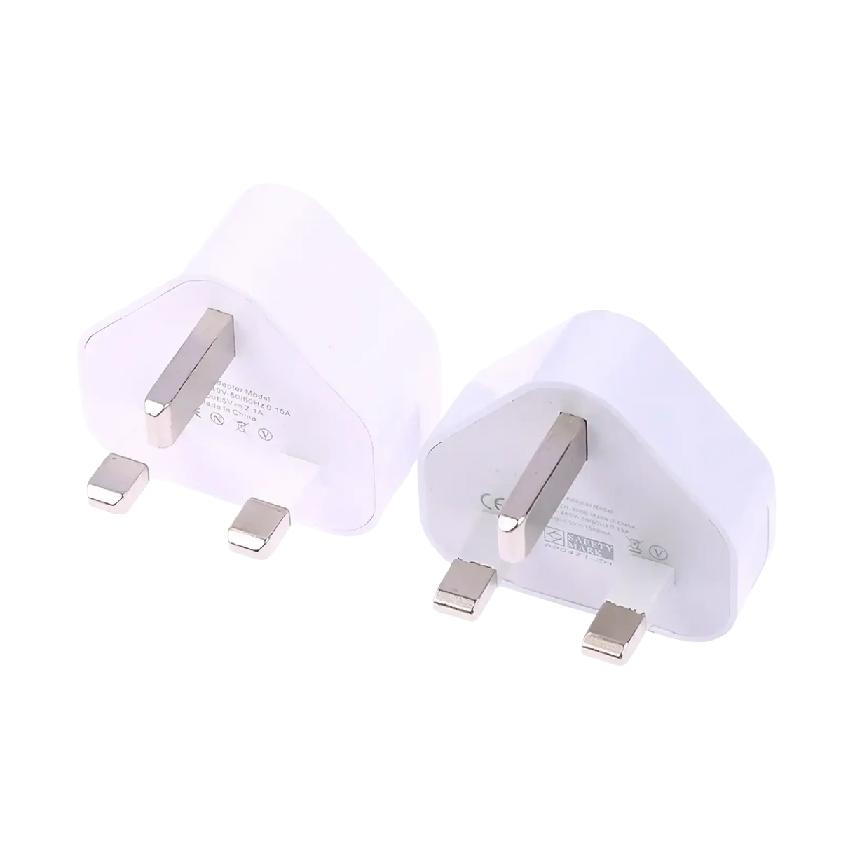 White plastic uk 3-pin dual usb wall charger adapter with metallic plug prongs for versatile device charging