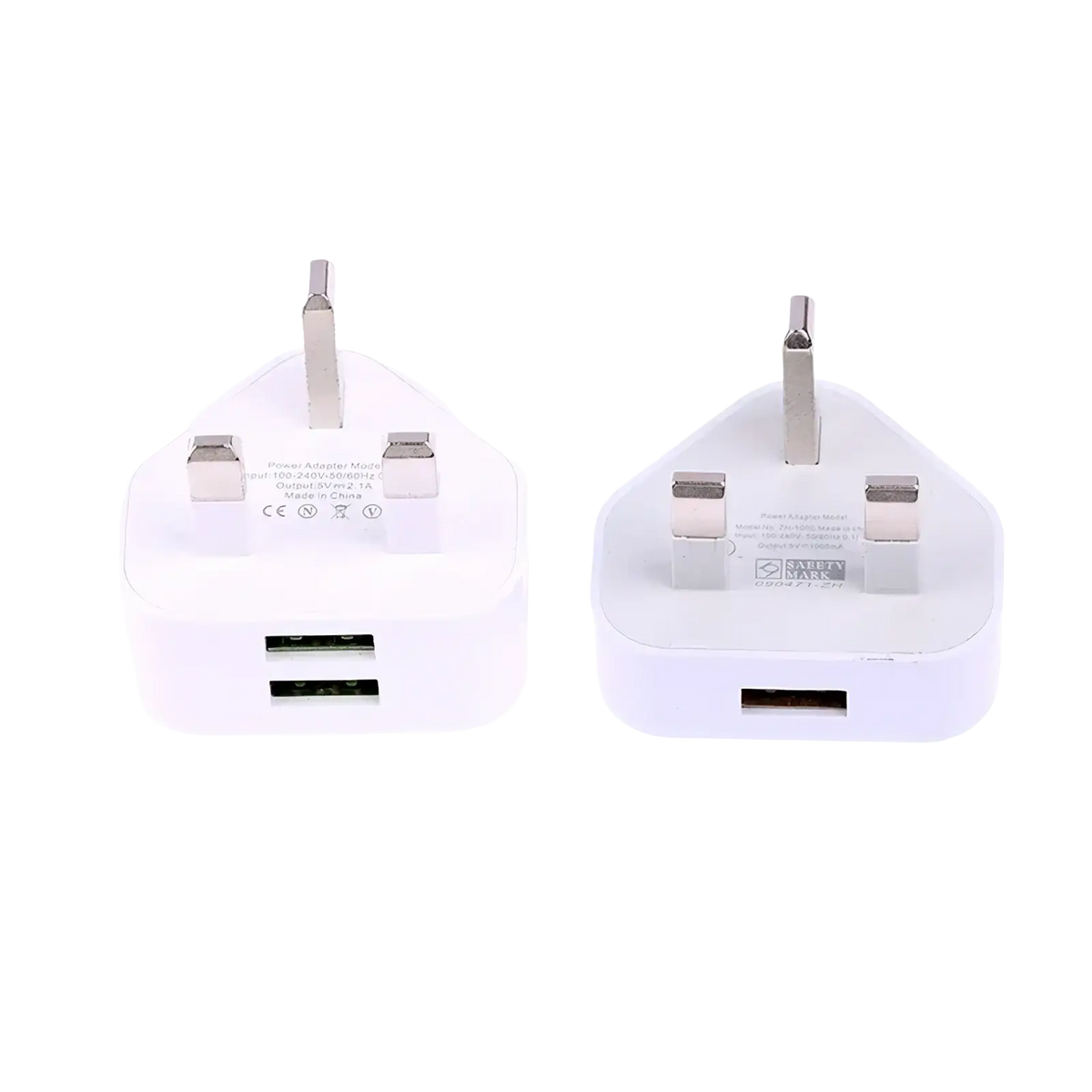 White plastic uk 3-pin dual USB wall charger adapter with two USB ports and metallic prongs for charging devices