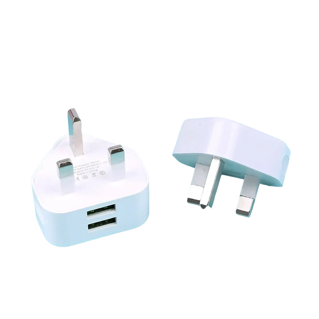 White plastic uk 3-pin wall charger adapter with dual usb ports and metallic prongs for device charging