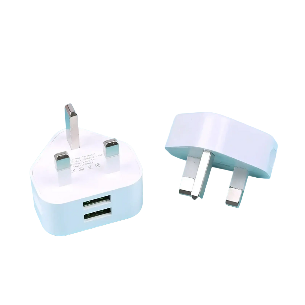 White plastic uk 3-pin wall charger adapter with dual usb ports and metallic prongs for device charging