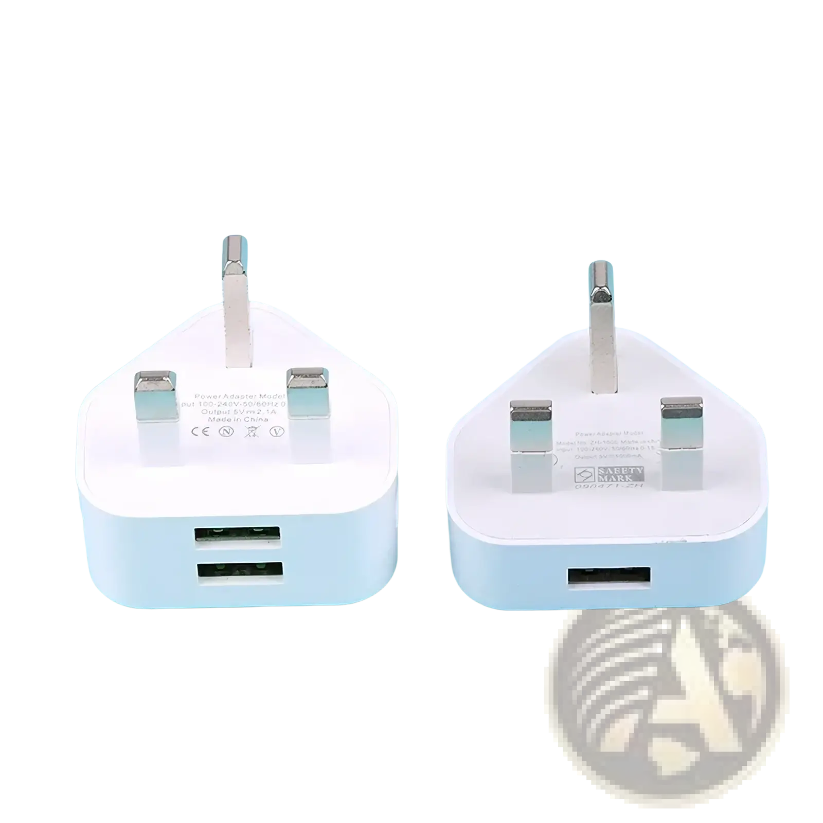 White plastic uk 3-pin dual usb wall charger adapter with two usb ports and metallic prongs for charging devices