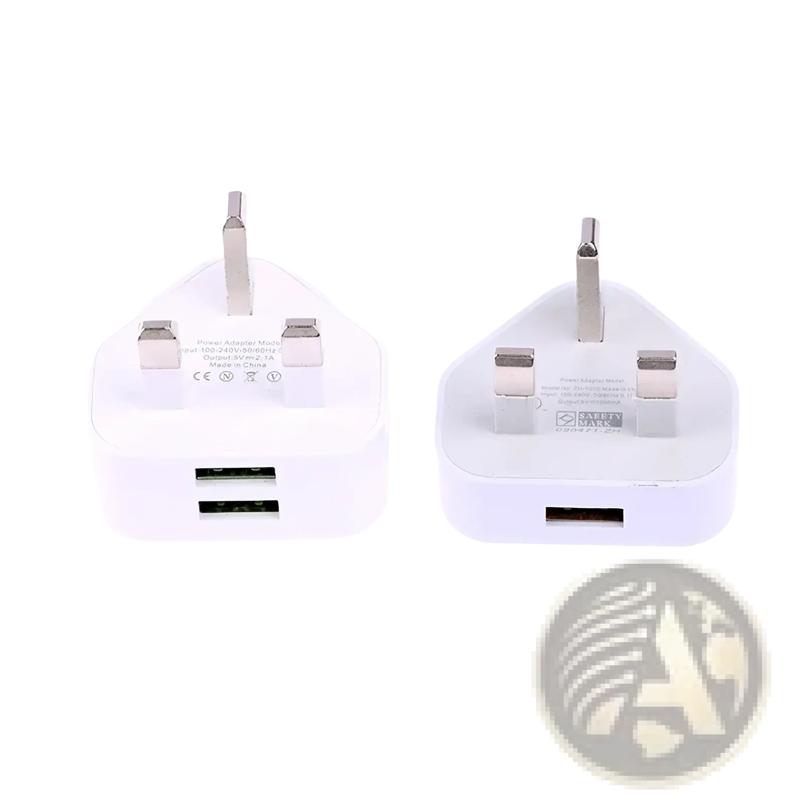 White plastic uk 3-pin dual USB wall charger adapter with two USB ports and metallic prongs for charging devices