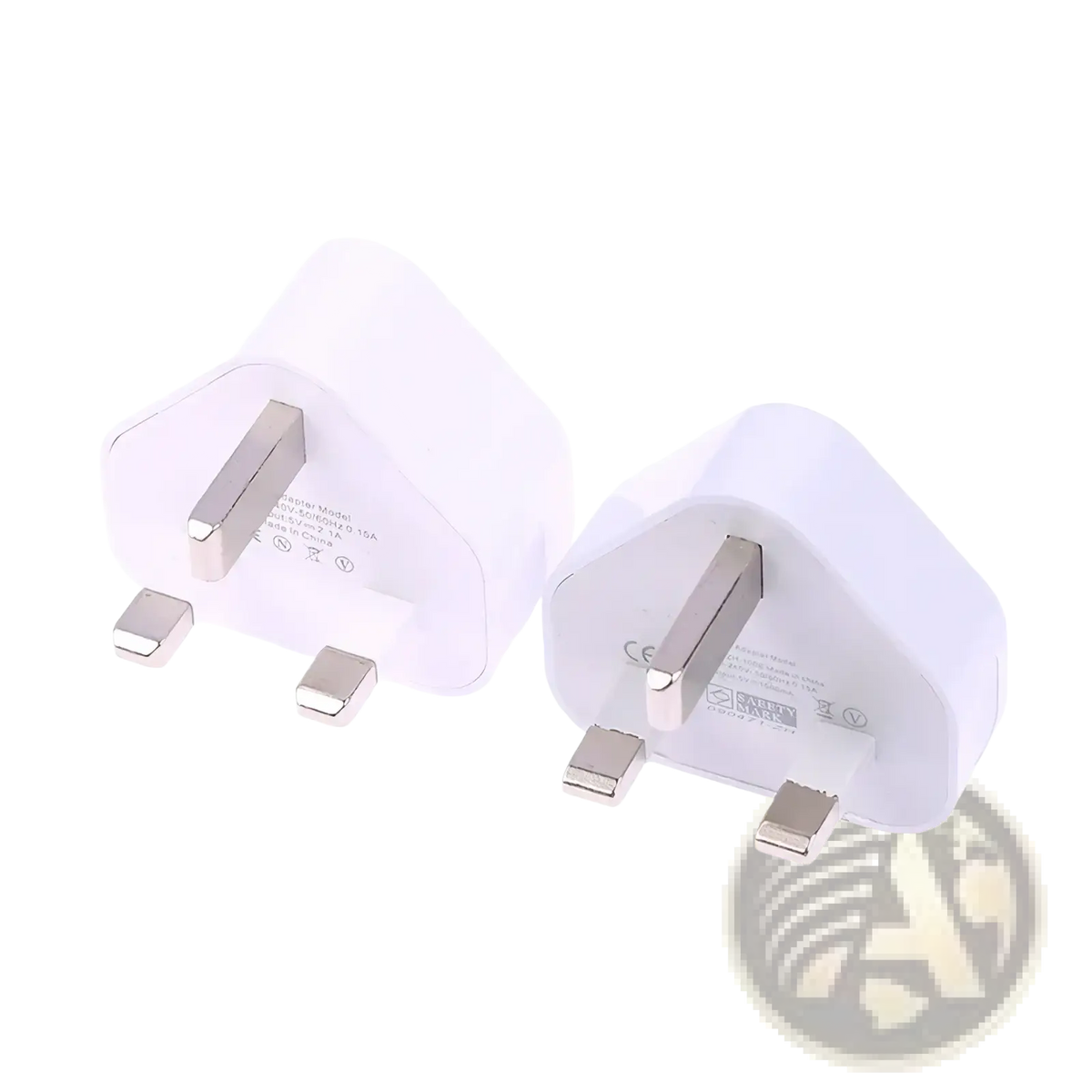 White plastic uk 3-pin dual usb wall charger adapter with metallic plug prongs for versatile device charging