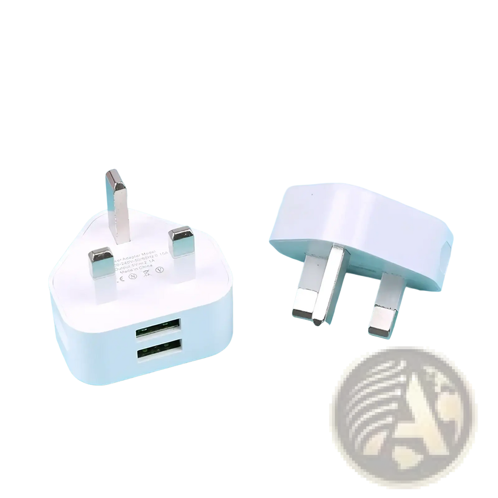White plastic uk 3-pin wall charger adapter with dual usb ports and metallic prongs for device charging