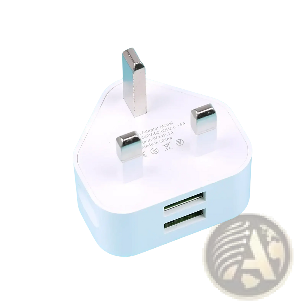White plastic uk 3-pin dual usb wall charger adapter with metallic prongs for charging multiple devices