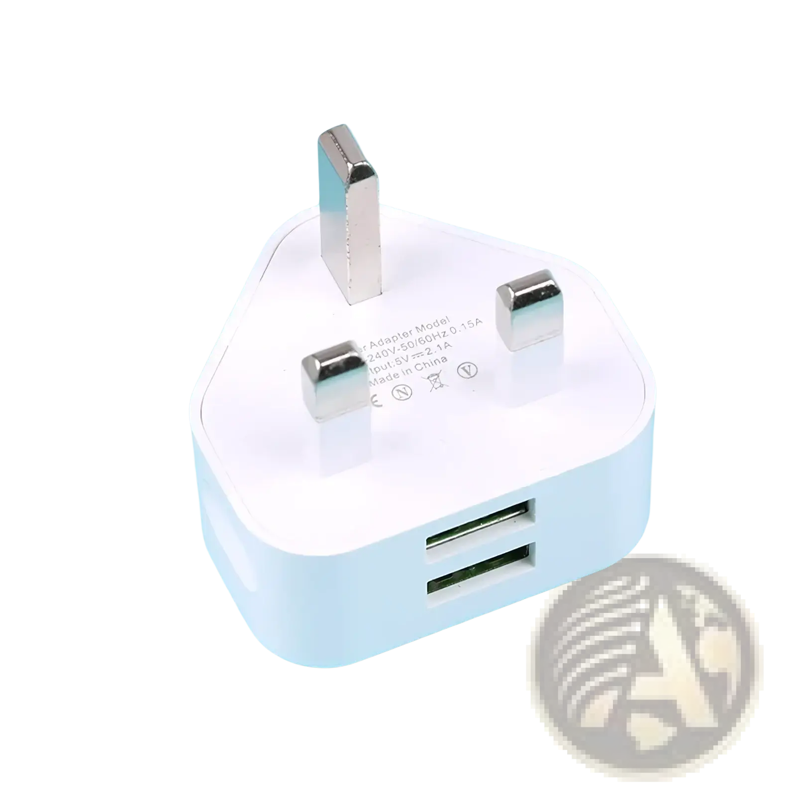White plastic uk 3-pin dual usb wall charger adapter with metallic prongs for charging multiple devices