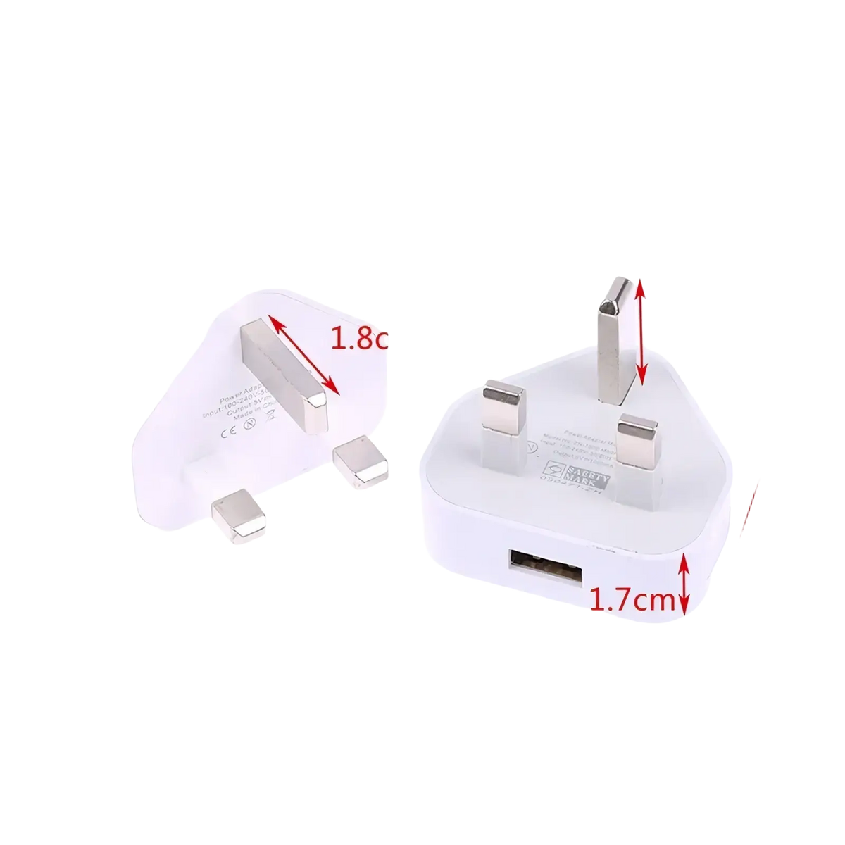 White uk 3-pin dual usb wall charger adapter with single usb port and metallic prongs for efficient charging