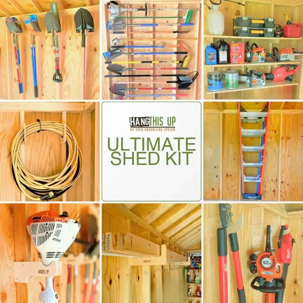 Wooden wall-mounted organizer system in natural finish for storing garden tools and equipment efficiently indoors