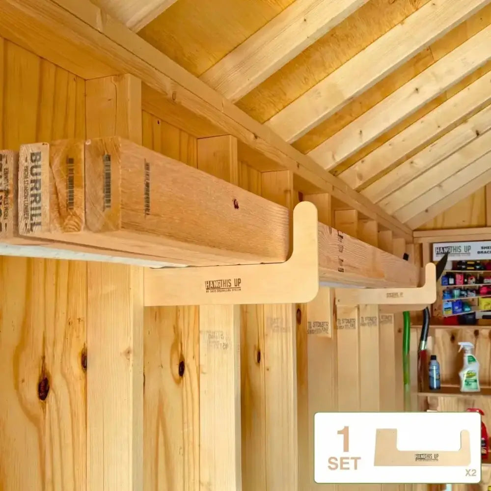 Light-colored wooden shelf bracket with sleek minimalist design and engraved branding for ultimate garden tool organizer