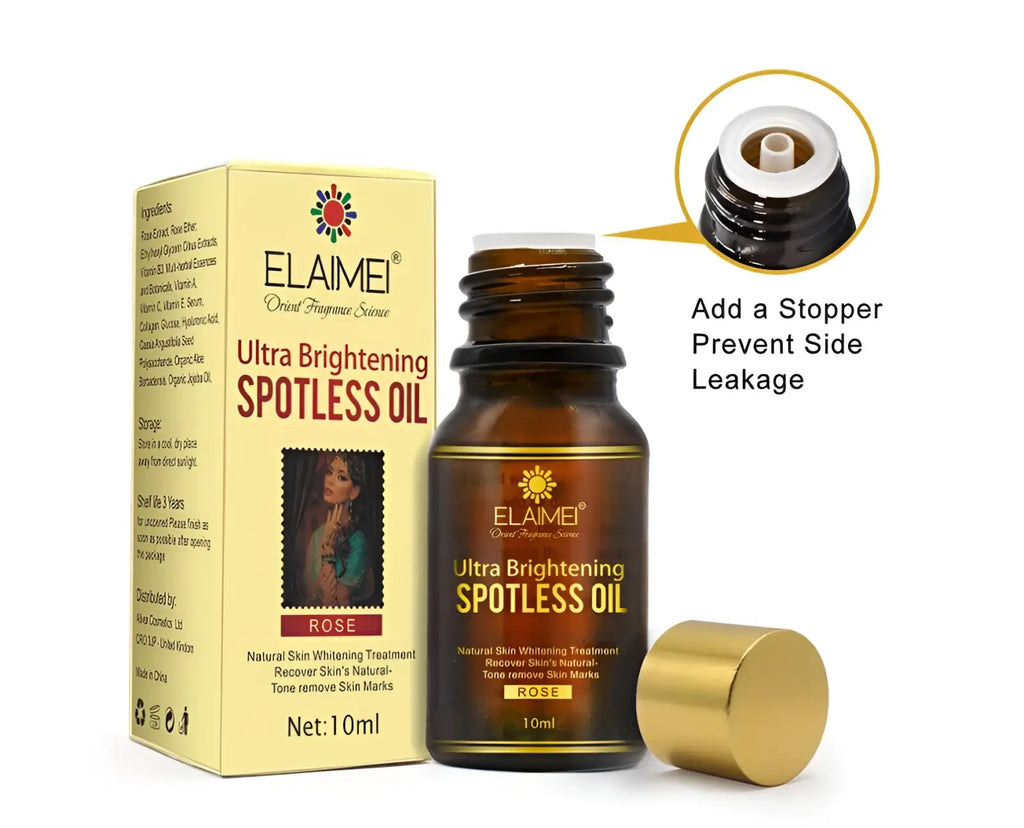 Elaime ultra brightening spotless oil 10ml rose scented in dark amber glass bottle with gold cap and matching box