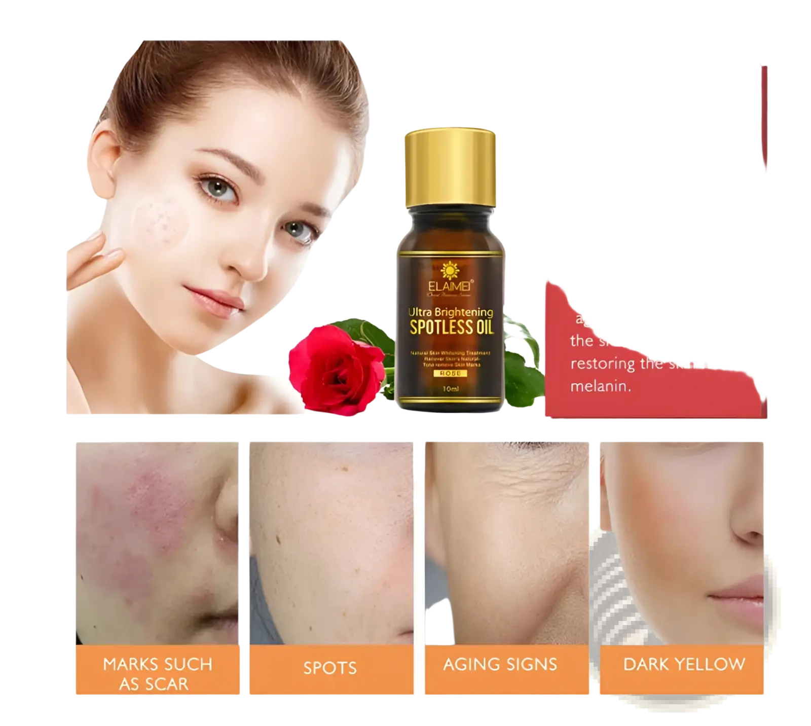 A dark amber glass bottle with gold cap and black label of elamei ultra brightening spotless oil for dark spots