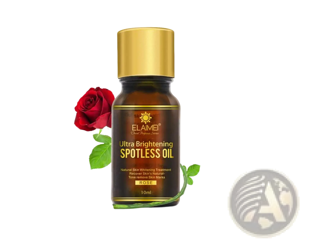 Elaime ultra brightening spotless oil 10ml in dark amber glass bottle with gold cap and rose-themed label with fresh rose