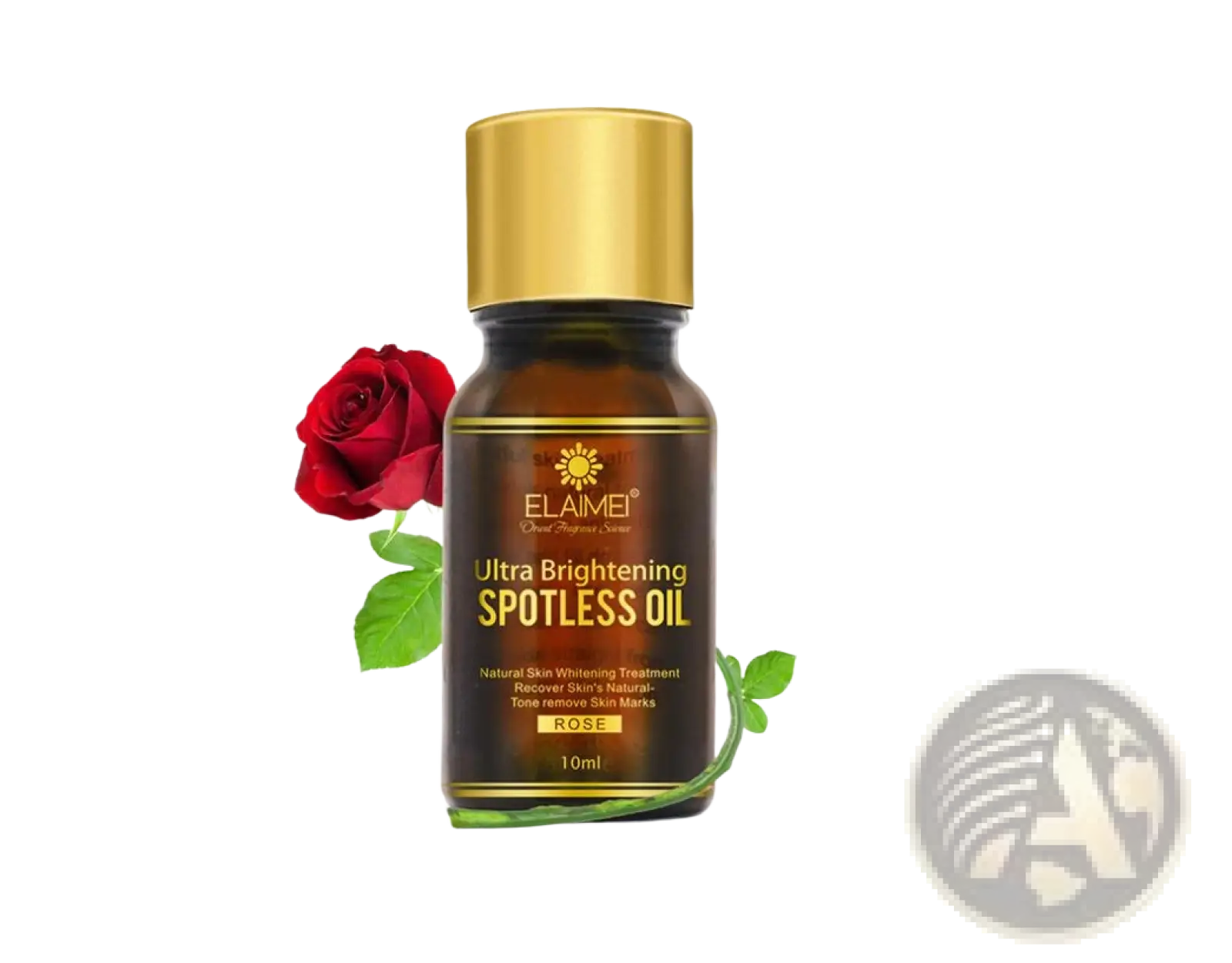 Elaime ultra brightening spotless oil 10ml in dark amber glass bottle with gold cap and rose-themed label with fresh rose