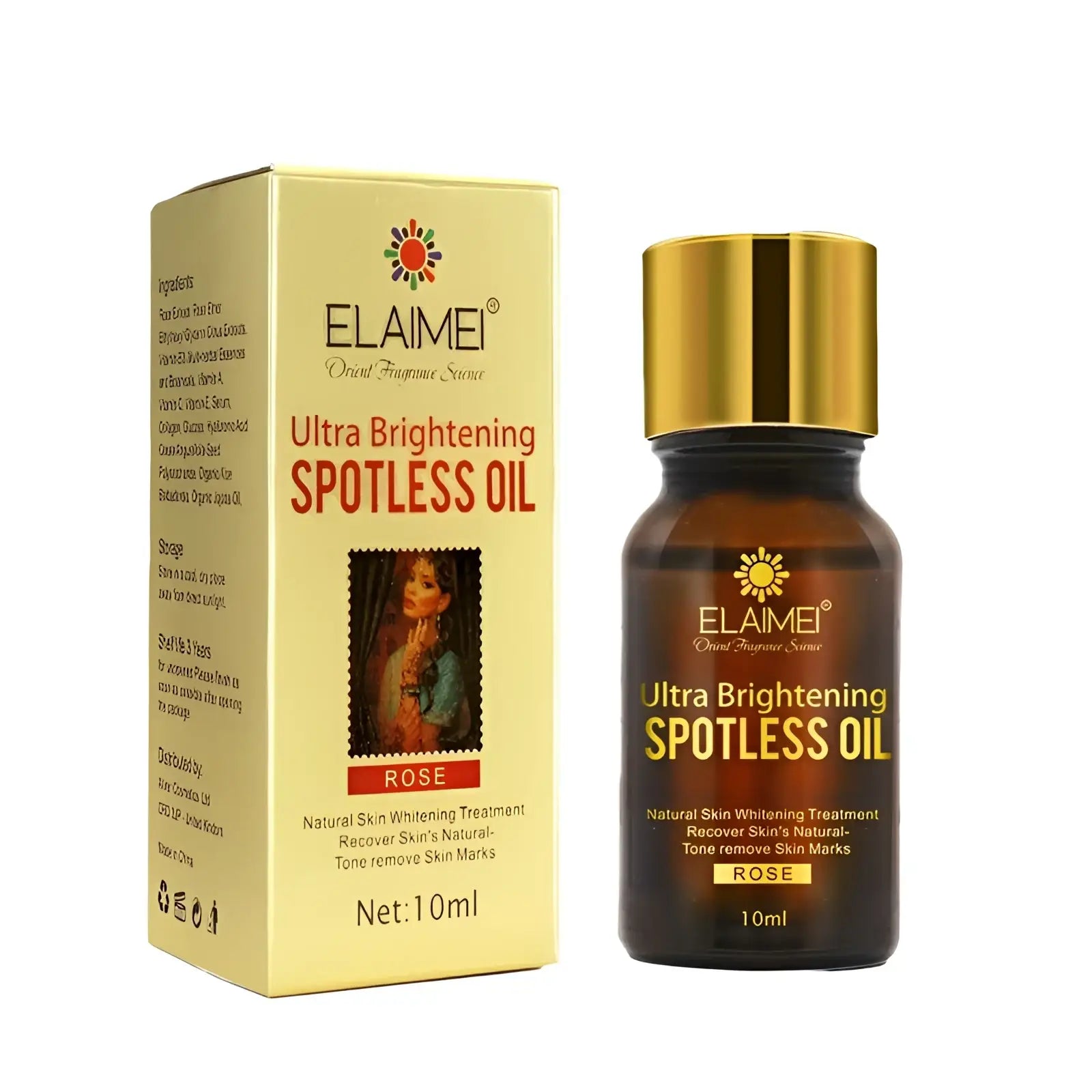 Elaimei ultra brightening spotless oil 10ml in amber glass bottle with gold cap and golden rose labeled box for dark spots