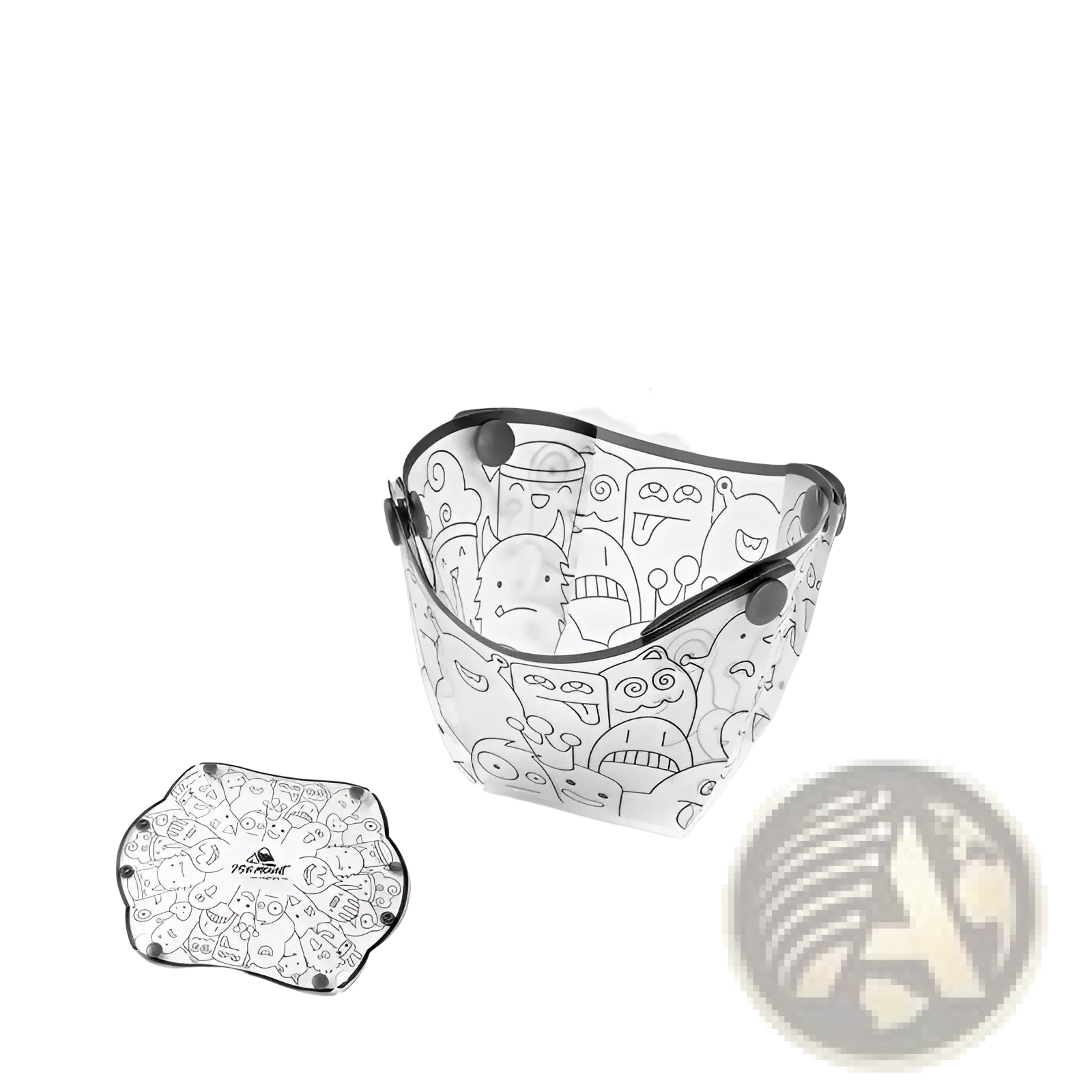 Transparent folding cup with black cartoon character print and snap-button closure in ultra light portable tableware set