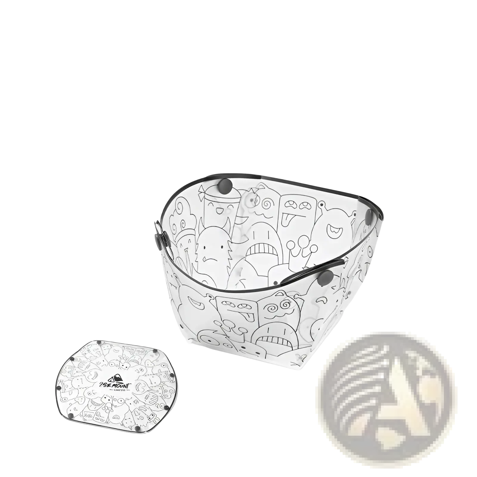 Transparent ultra light portable folding bowl with black cartoon monster illustrations and a black rim for travel use