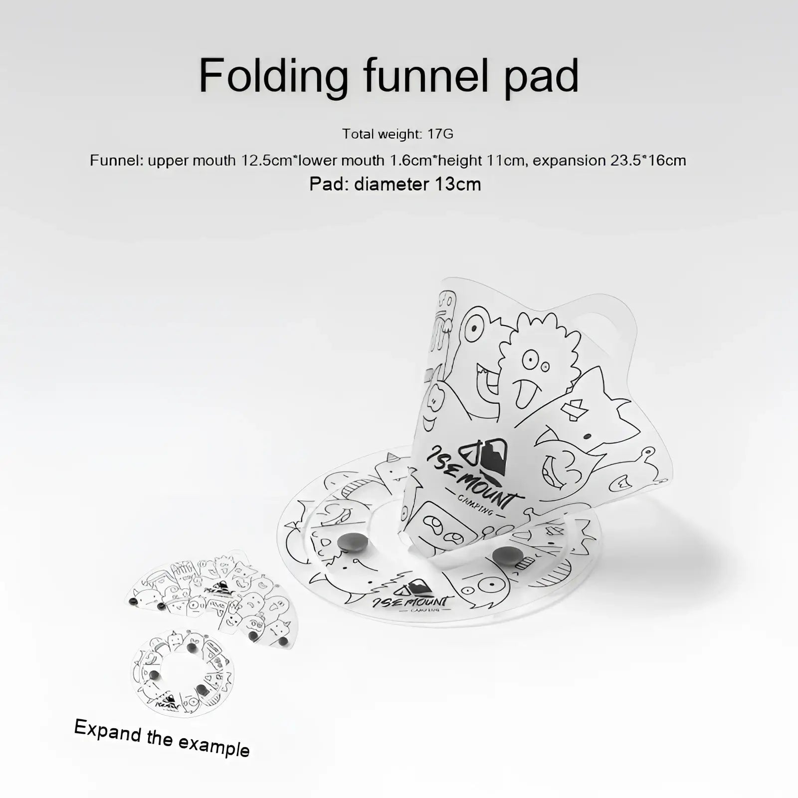 Ultra light portable folding tableware set featuring a clear plastic folding funnel pad with cartoon illustrations and circular base