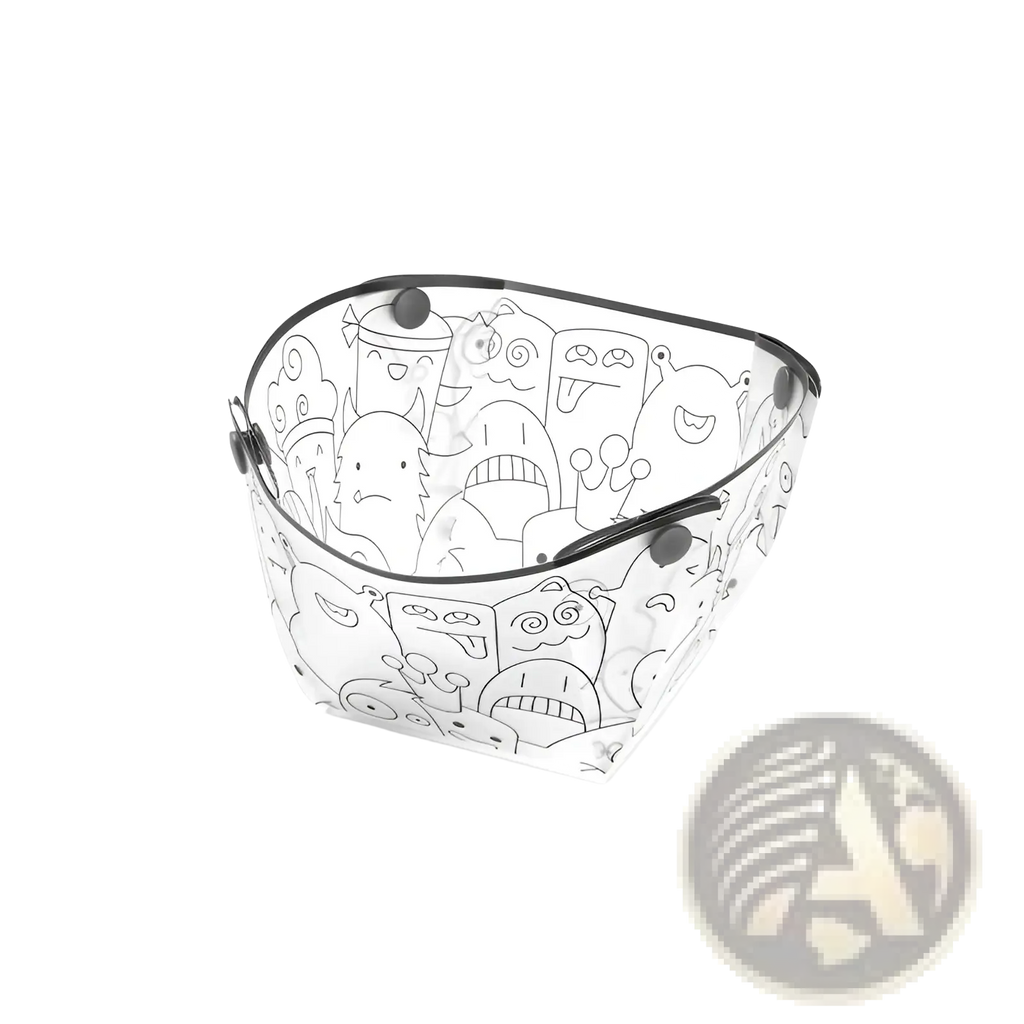 Clear plastic face shield with black cartoon monster line drawings featured in ultra light portable folding tableware set