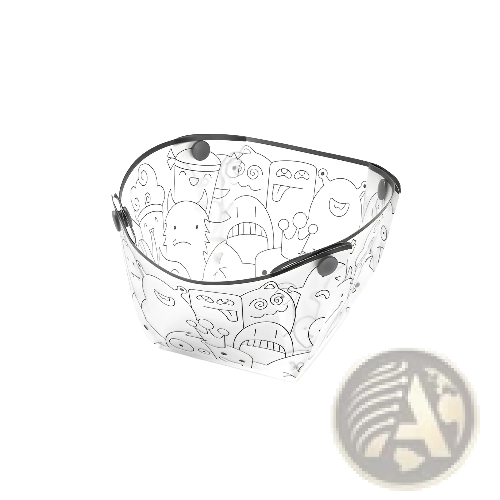 Clear plastic face shield with black cartoon monster line drawings featured in ultra light portable folding tableware set