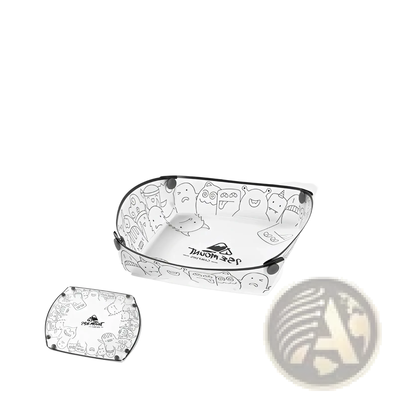 Clear plastic folding plate with black cartoon illustrations and logo part of ultra light portable folding tableware set