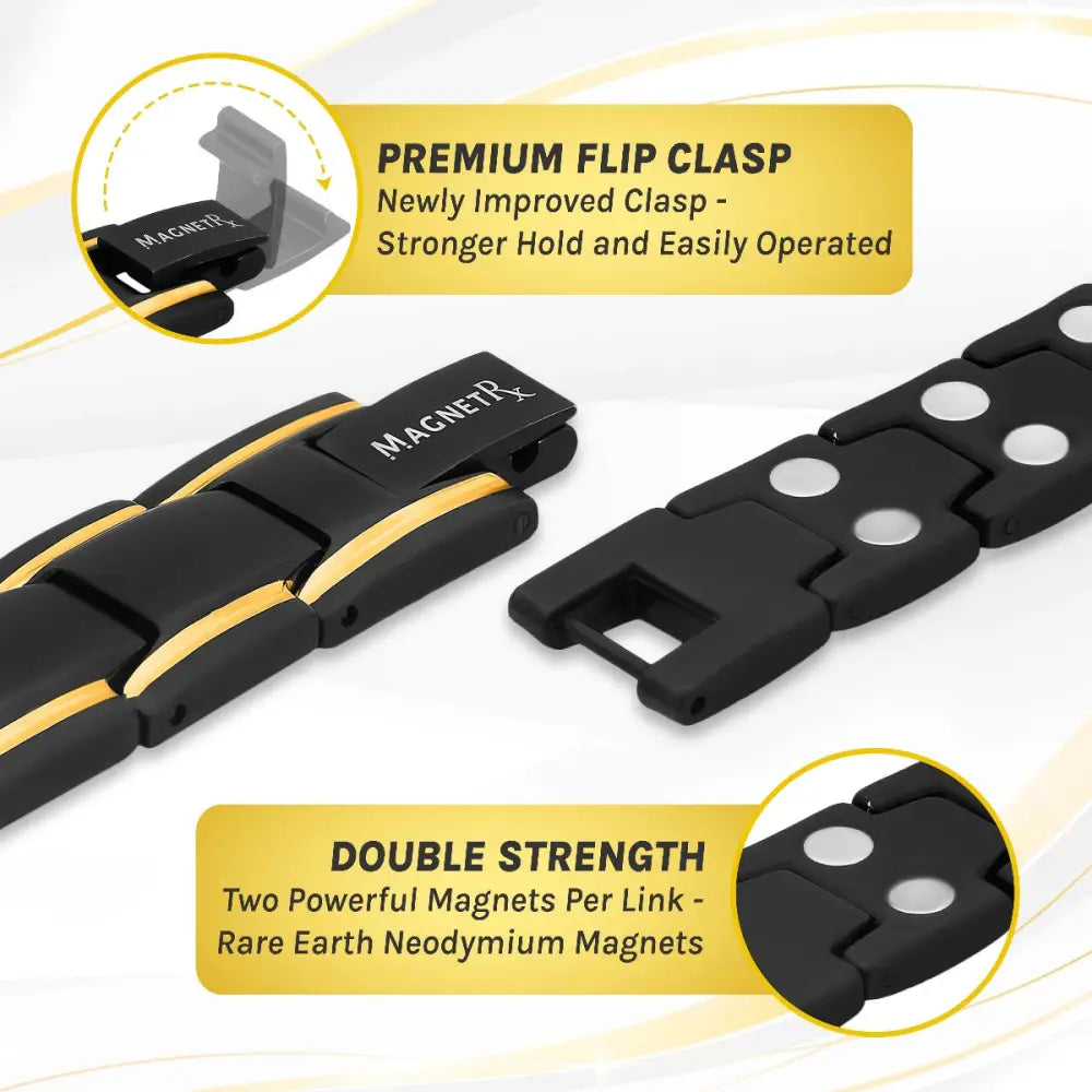 Magnetrx ultra strength black and gold magnetic bracelet with sleek interlocking links featuring rare earth neodymium magnets
