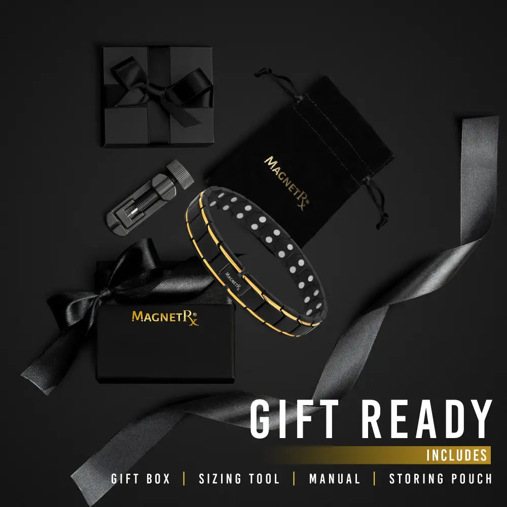 Magnetrx Ultra Strength black and gold magnetic bracelet with white dots designed for enhanced wellness support