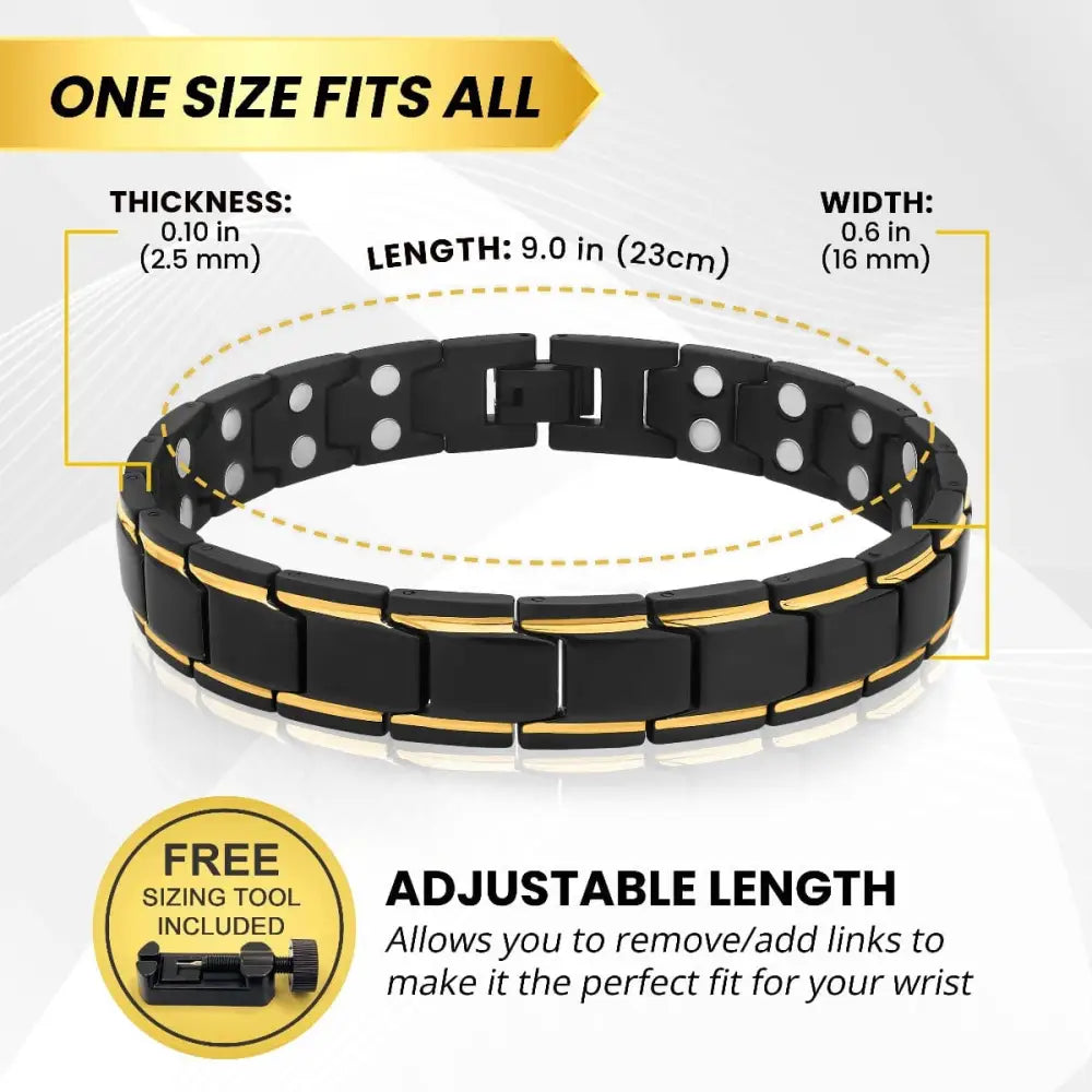 Magnetrx Ultra Strength black and gold magnetic therapy bracelet with adjustable length links in a sleek design