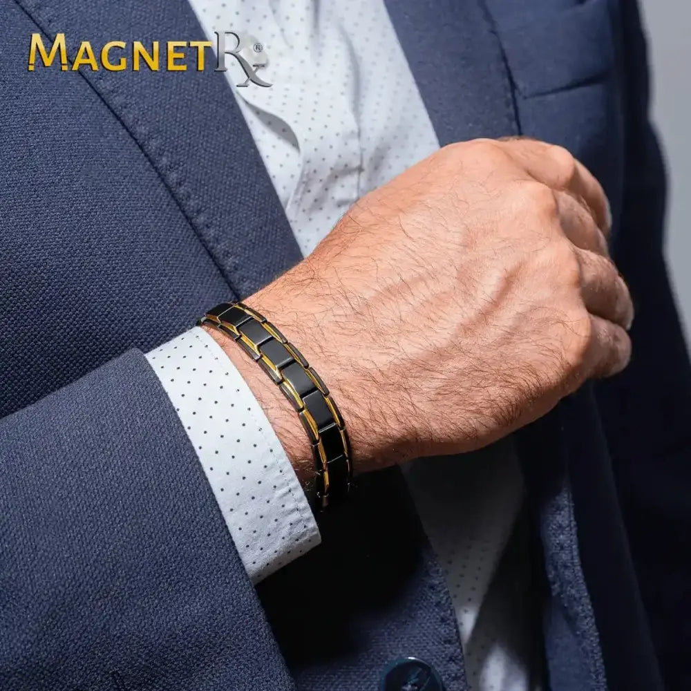 Magnetrx ultra strength black and gold magnetic therapy bracelet with sleek segmented design for pain relief