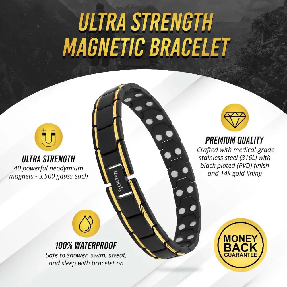 Magnetrx ultra strength black and gold magnetic bracelet with 40 neodymium magnets for pain relief