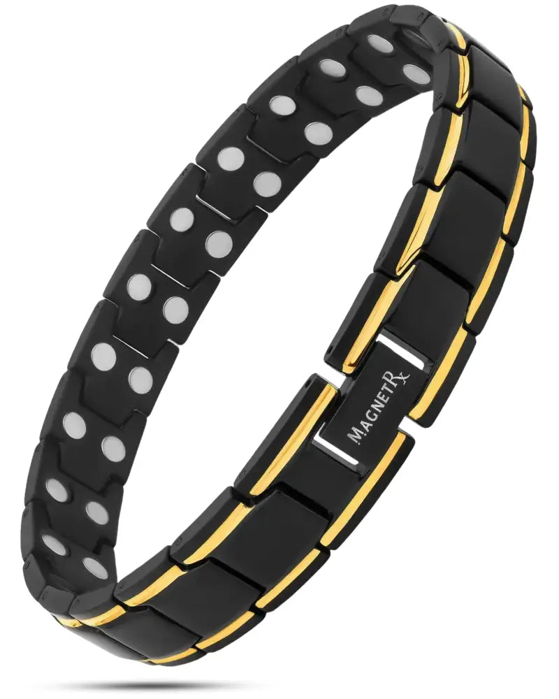 Magnetrx Ultra Strength black and gold magnetic bracelet with silver dots on each link shown from the back side