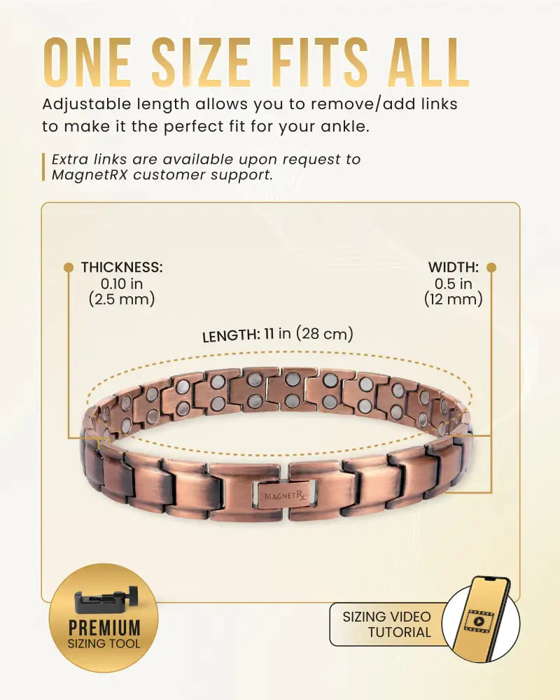 Copper-toned pure copper magnetic therapy anklet for men with interlocking links and magnetrx branded clasp