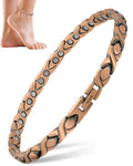 Rose gold pure copper magnetic therapy anklet for women with interlocking leaf-shaped links and embedded circular magnets