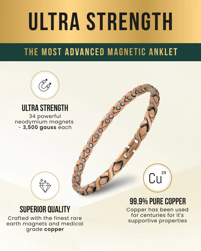 Rose gold pure copper magnetic therapy anklet for women featuring 34 neodymium magnets with braided design