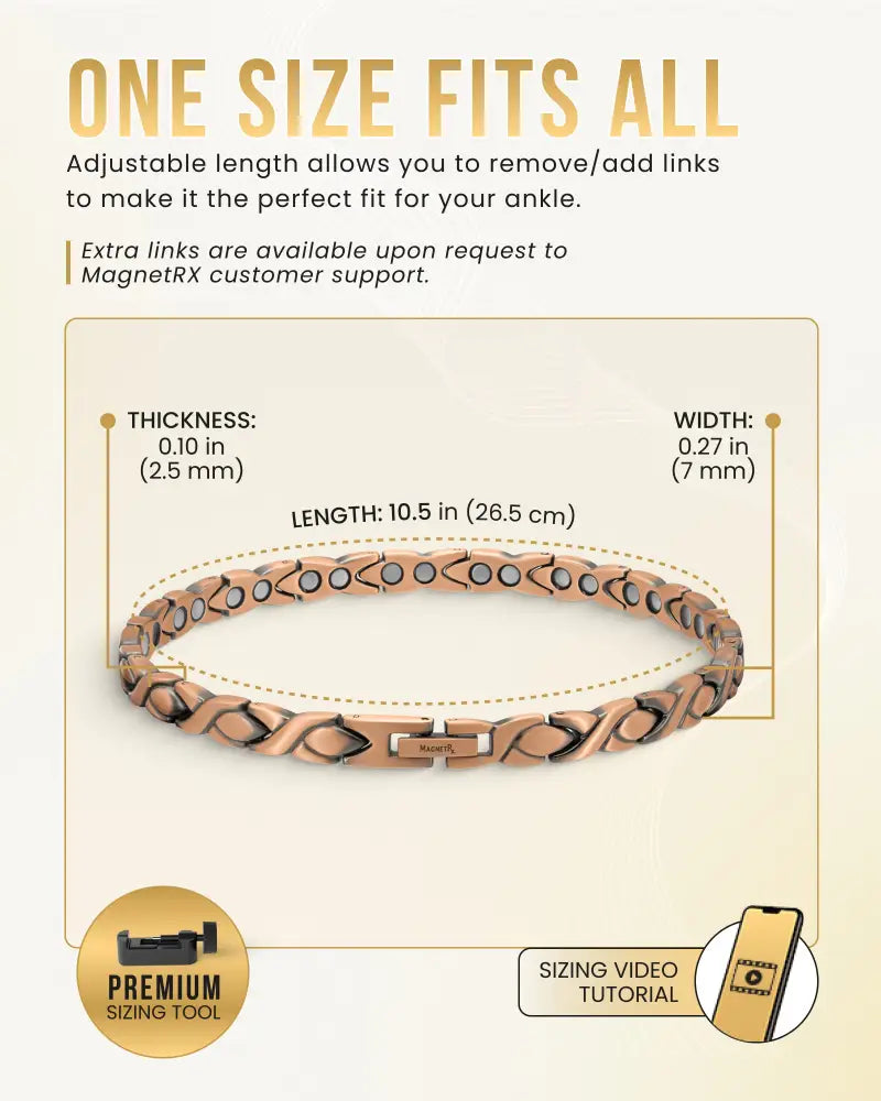 Rose gold pure copper magnetic therapy anklet for women with copper-toned interlocking links and circular magnets