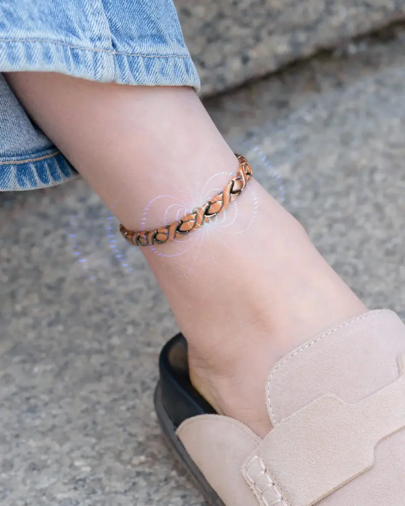 Rose gold pure copper magnetic therapy anklet for women with a bronze-toned interlocking chain and subtle sheen