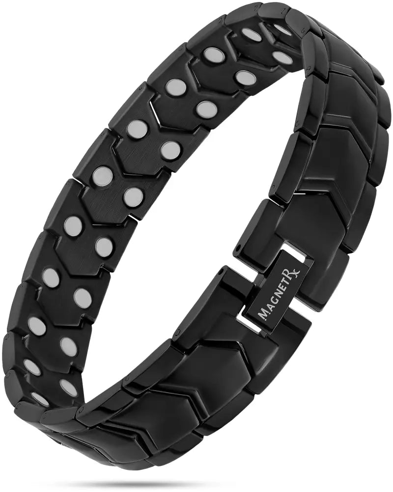 Ultra strength neodymium magnetic therapy bracelet black arrow with hexagonal links and silver circular magnets in black