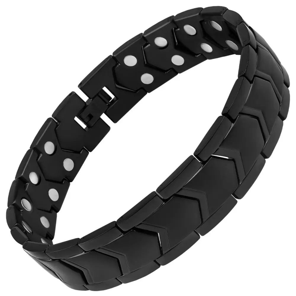 Black ultra strength neodymium magnetic therapy bracelet with sleek interlocking hexagonal links and silver magnets