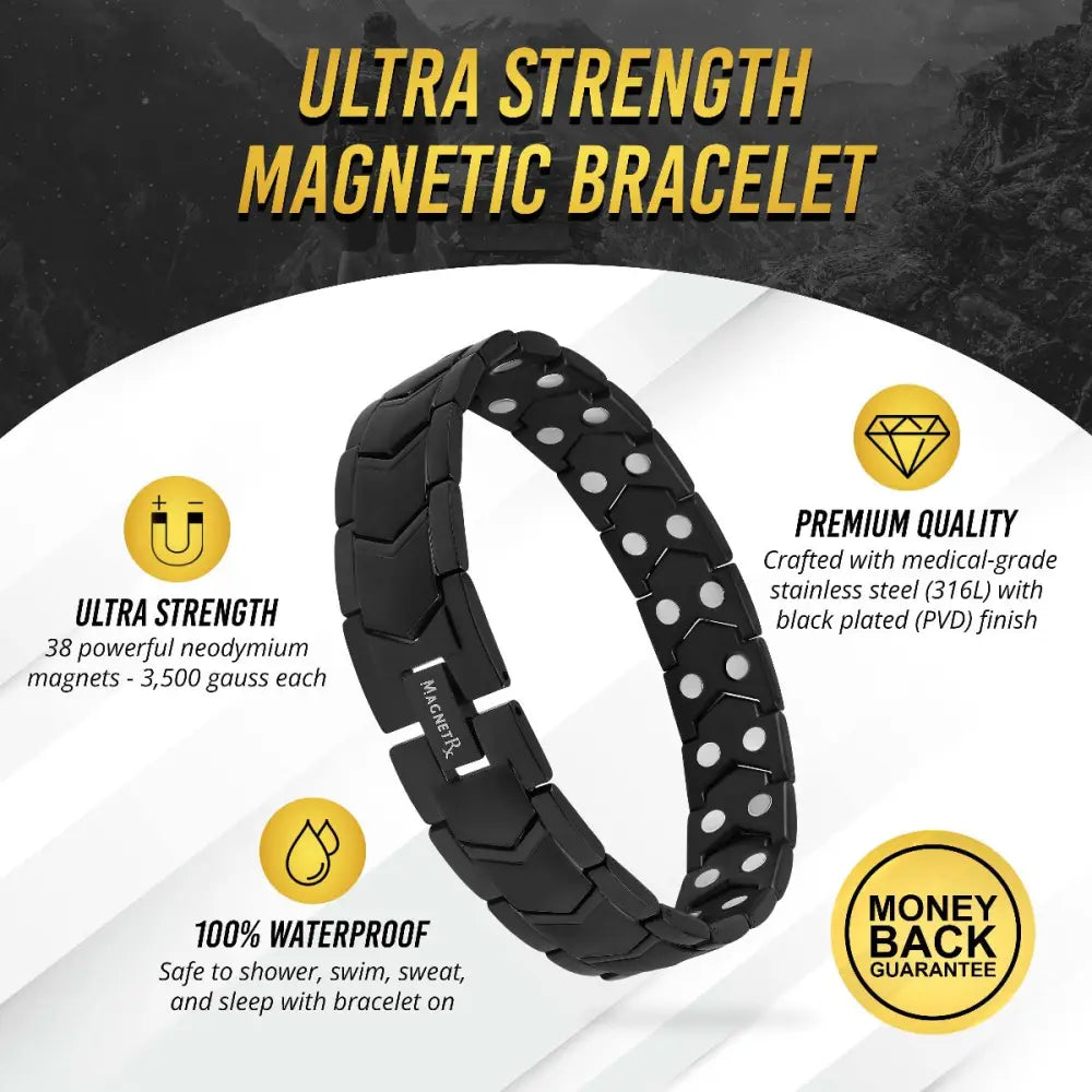 Black magnetic therapy bracelet with sleek segmented design and embedded neodymium magnets ultra strength black arrow