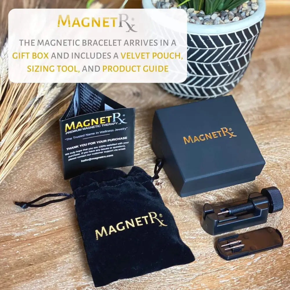 Black velvet pouch with gold magnetrx logo for ultra strength neodymium magnetic therapy bracelet packaging