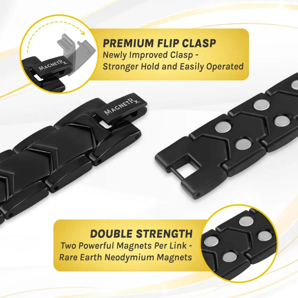 Black ultra strength neodymium magnetic therapy bracelet with sleek interlocking design and rare earth magnets