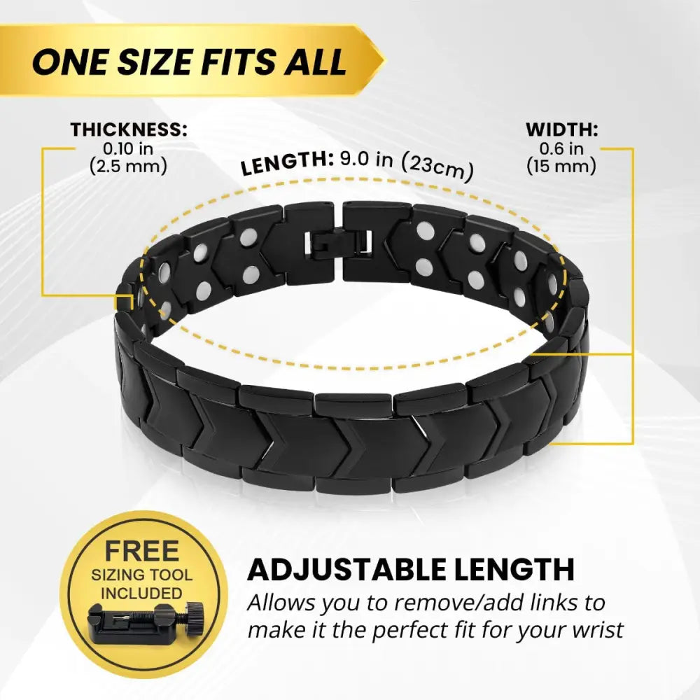 Ultra Strength neodymium magnetic therapy bracelet black with hexagonal links and silver-toned circular magnets