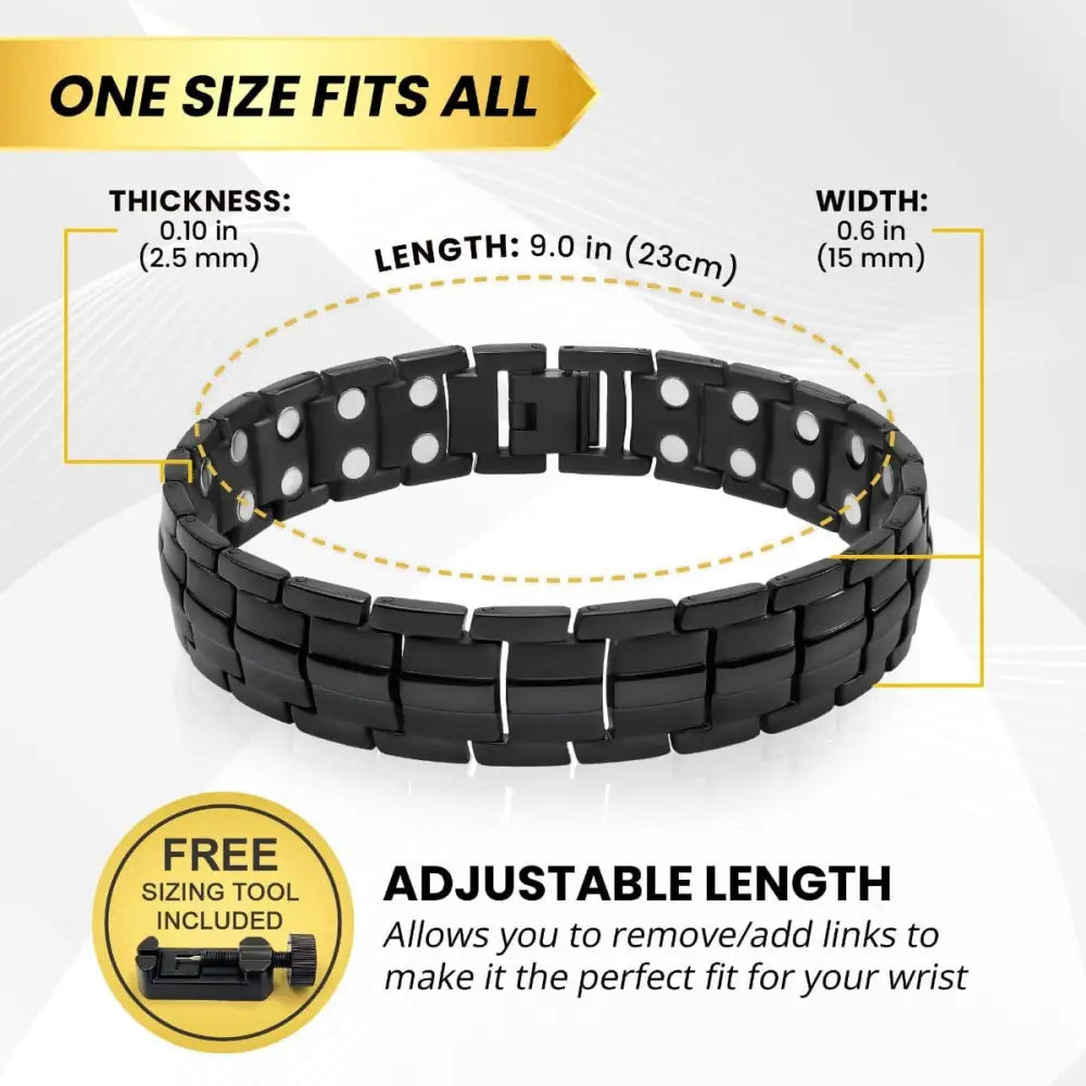 Black ultra strength neodymium magnetic therapy bracelet with interlocking links and white circular dots