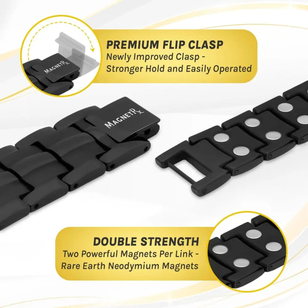 Ultra strength neodymium magnetic therapy bracelet in black with sleek interlocking links and premium flip clasp